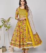 Vbuyz Women's Yellow Mirror work Cotton Anarkali Stitched Kurta Pant With Dupatta set