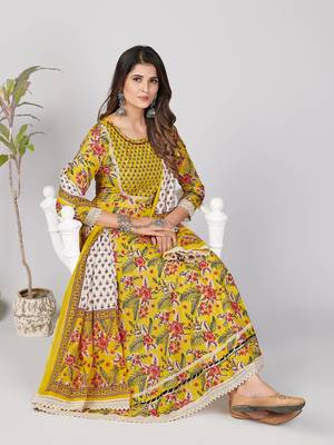 Vbuyz Women's Yellow Mirror work Cotton Anarkali Stitched Kurta Pant With Dupatta set 2