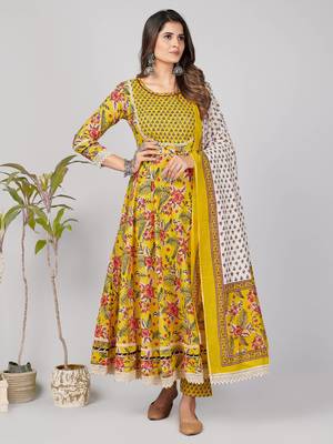 Vbuyz Women's Yellow Mirror work Cotton Anarkali Stitched Kurta Pant With Dupatta set 3
