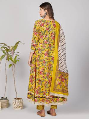 Vbuyz Women's Yellow Mirror work Cotton Anarkali Stitched Kurta Pant With Dupatta set 4
