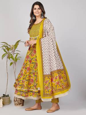Vbuyz Women's Yellow Mirror work Cotton Anarkali Stitched Kurta Pant With Dupatta set 5