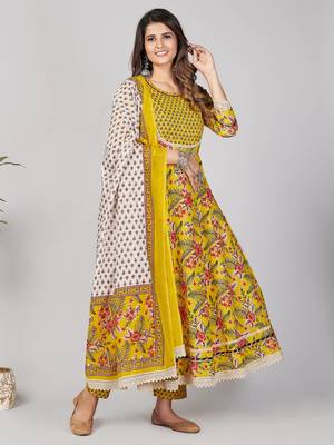 Vbuyz Women's Yellow Mirror work Cotton Anarkali Stitched Kurta Pant With Dupatta set 6