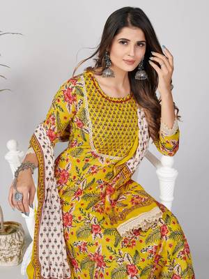 Vbuyz Women's Yellow Mirror work Cotton Anarkali Stitched Kurta Pant With Dupatta set 7