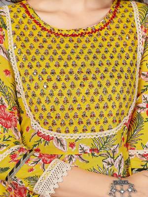 Vbuyz Women's Yellow Mirror work Cotton Anarkali Stitched Kurta Pant With Dupatta set 8