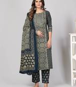 Vbuyz Women's Black Embroidered Cotton Straight Stitched Kurta Pant With Dupatta