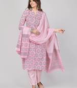 Vbuyz Women's Baby Pink Hand Work Cotton Straight Stitched Kurta Pant With Dupatta