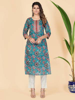 Vbuyz Women's Teal Gota Patti Work Cotton Straight Stitched Kurta 1