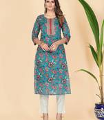 Vbuyz Women's Teal Gota Patti Work Cotton Straight Stitched Kurta