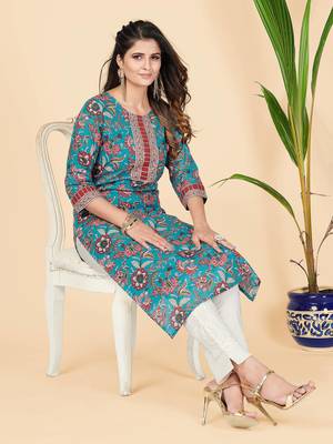 Vbuyz Women's Teal Gota Patti Work Cotton Straight Stitched Kurta 2