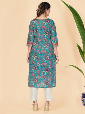Vbuyz Women's Teal Gota Patti Work Cotton Straight Stitched Kurta 3
