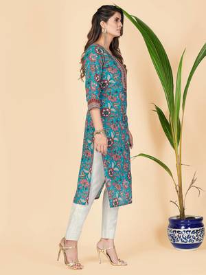 Vbuyz Women's Teal Gota Patti Work Cotton Straight Stitched Kurta 4