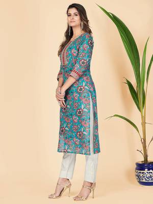 Vbuyz Women's Teal Gota Patti Work Cotton Straight Stitched Kurta 5