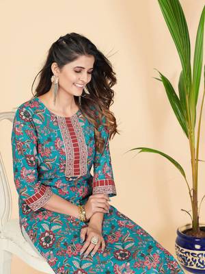Vbuyz Women's Teal Gota Patti Work Cotton Straight Stitched Kurta 6