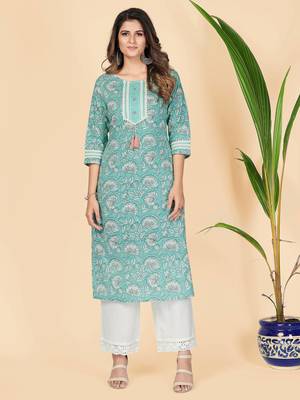 Vbuyz Women's Turquoise Lace Work Cotton Straight Stitched Kurta 1
