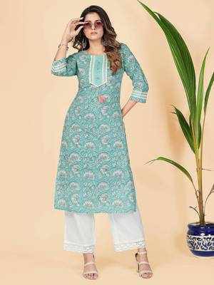 Vbuyz Women's Turquoise Lace Work Cotton Straight Stitched Kurta 2