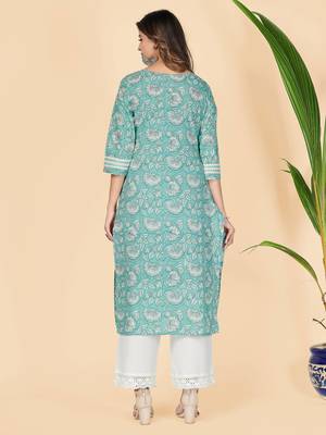 Vbuyz Women's Turquoise Lace Work Cotton Straight Stitched Kurta 3
