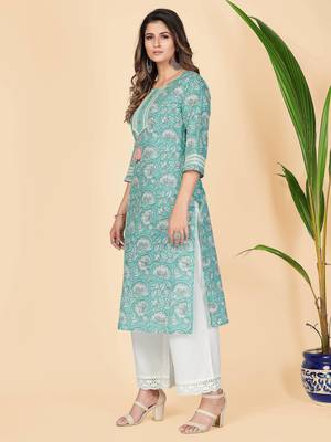 Vbuyz Women's Turquoise Lace Work Cotton Straight Stitched Kurta 4