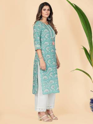 Vbuyz Women's Turquoise Lace Work Cotton Straight Stitched Kurta 5