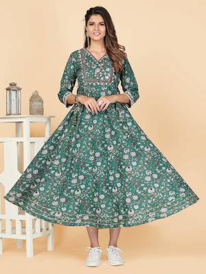 Vbuyz Women's Teal Green Embroidered Cotton Anarkali Stitched Kurta 1