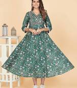 Vbuyz Women's Teal Green Embroidered Cotton Anarkali Stitched Kurta