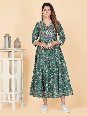 Vbuyz Women's Teal Green Embroidered Cotton Anarkali Stitched Kurta 2