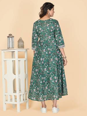 Vbuyz Women's Teal Green Embroidered Cotton Anarkali Stitched Kurta 3