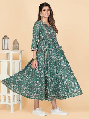 Vbuyz Women's Teal Green Embroidered Cotton Anarkali Stitched Kurta 4