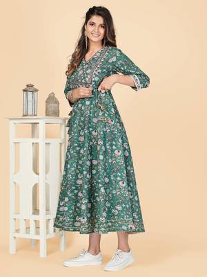 Vbuyz Women's Teal Green Embroidered Cotton Anarkali Stitched Kurta 5
