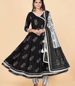 Vbuyz Women's Black Embroidered Cotton Anarkali Stitched Kurta Pant With Dupatta