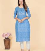 Vbuyz Women's Sky Blue Gota Patti Work Cotton Straight Stitched Kurta