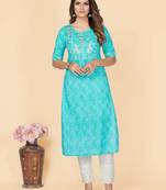 Vbuyz Women's Sky Blue Embroidered Work Cotton Straight Stitched Kurta