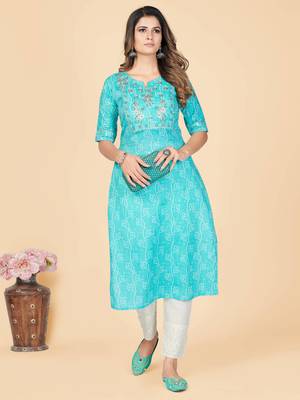 Vbuyz Women's Sky Blue Embroidered Work Cotton Straight Stitched Kurta 2