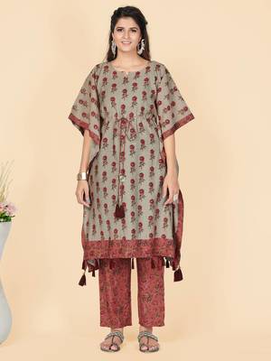 Vbuyz Women's Coral Printed Chanderi Stitched Kaftan Kurta With Pant 1