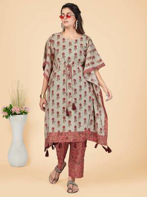 Vbuyz Women's Coral Printed Chanderi Stitched Kaftan Kurta With Pant 2
