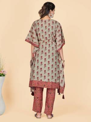 Vbuyz Women's Coral Printed Chanderi Stitched Kaftan Kurta With Pant 3