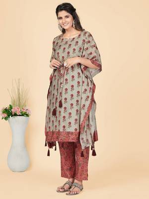 Vbuyz Women's Coral Printed Chanderi Stitched Kaftan Kurta With Pant 4