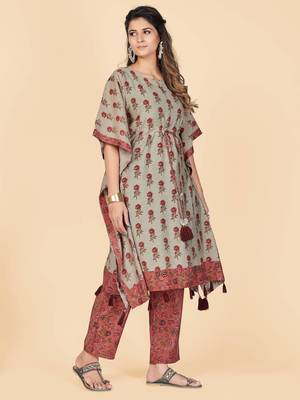 Vbuyz Women's Coral Printed Chanderi Stitched Kaftan Kurta With Pant 5
