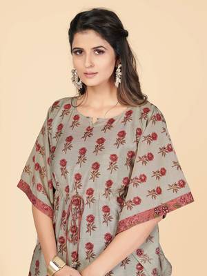 Vbuyz Women's Coral Printed Chanderi Stitched Kaftan Kurta With Pant 6