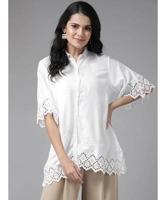 Ada Cotton white embroidered chikankari short sleeve stitched Women short kurti - A911119 1