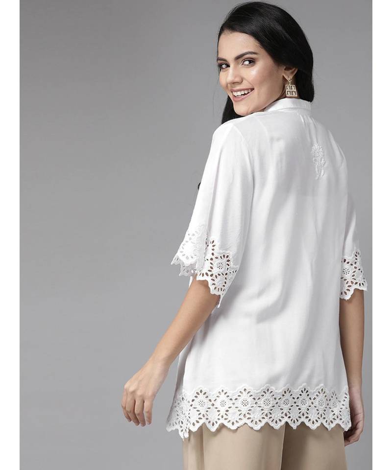 Ada Cotton white embroidered chikankari short sleeve stitched Women short kurti - A911119