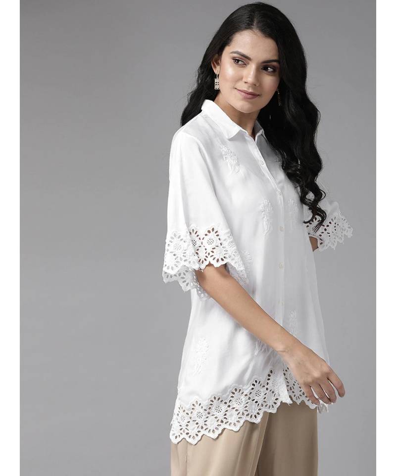 Ada Cotton white embroidered chikankari short sleeve stitched Women short kurti - A911119