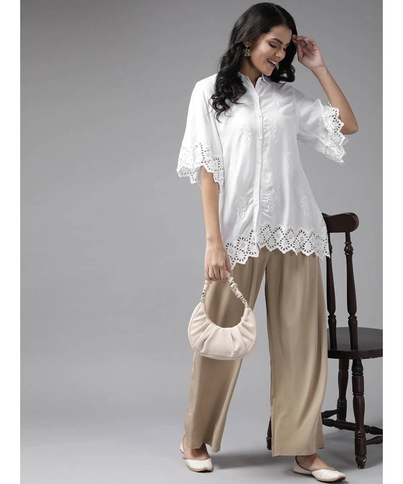 Ada Cotton white embroidered chikankari short sleeve stitched Women short kurti - A911119