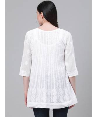 Cotton White Embroidered Chikankari Quarter Sleeve Stitched  Women Short Kurti 2