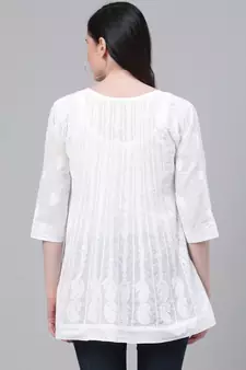 Cotton White Embroidered Chikankari Quarter Sleeve Stitched  Women Short Kurti