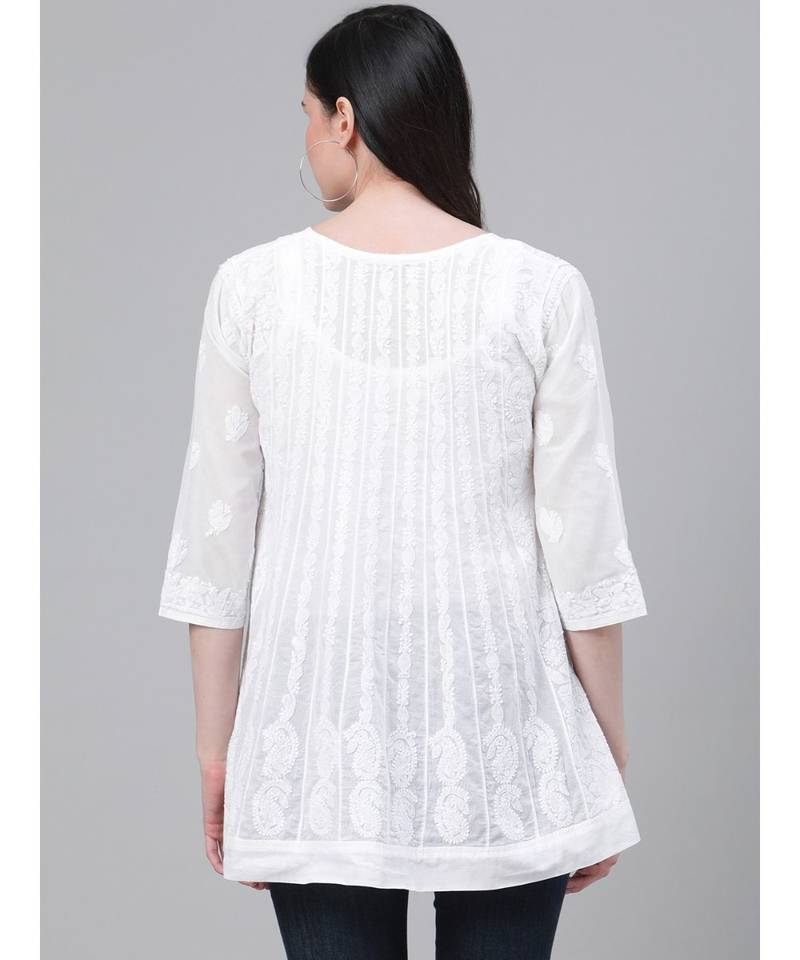 Cotton White Embroidered Chikankari Quarter Sleeve Stitched  Women Short Kurti