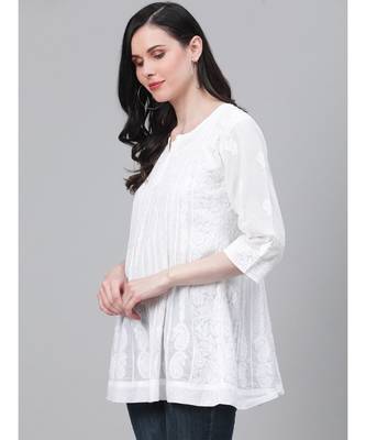 Cotton White Embroidered Chikankari Quarter Sleeve Stitched  Women Short Kurti 3