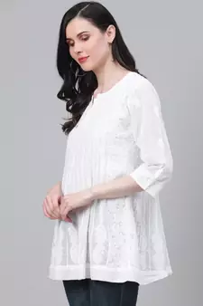 Cotton White Embroidered Chikankari Quarter Sleeve Stitched  Women Short Kurti