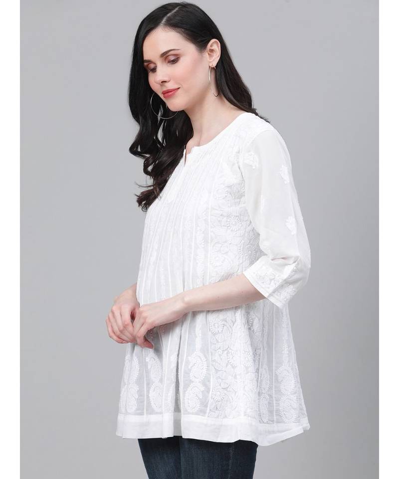Cotton White Embroidered Chikankari Quarter Sleeve Stitched  Women Short Kurti