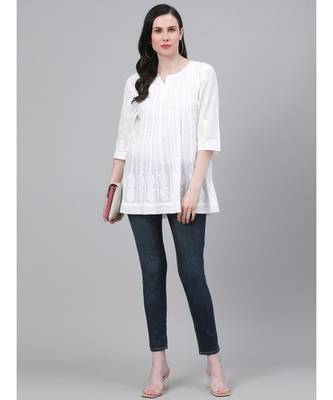 Cotton White Embroidered Chikankari Quarter Sleeve Stitched  Women Short Kurti 4