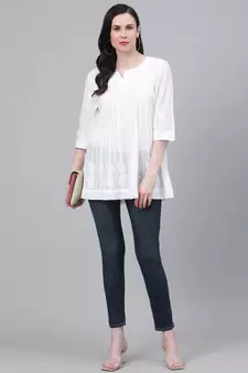 Cotton White Embroidered Chikankari Quarter Sleeve Stitched  Women Short Kurti